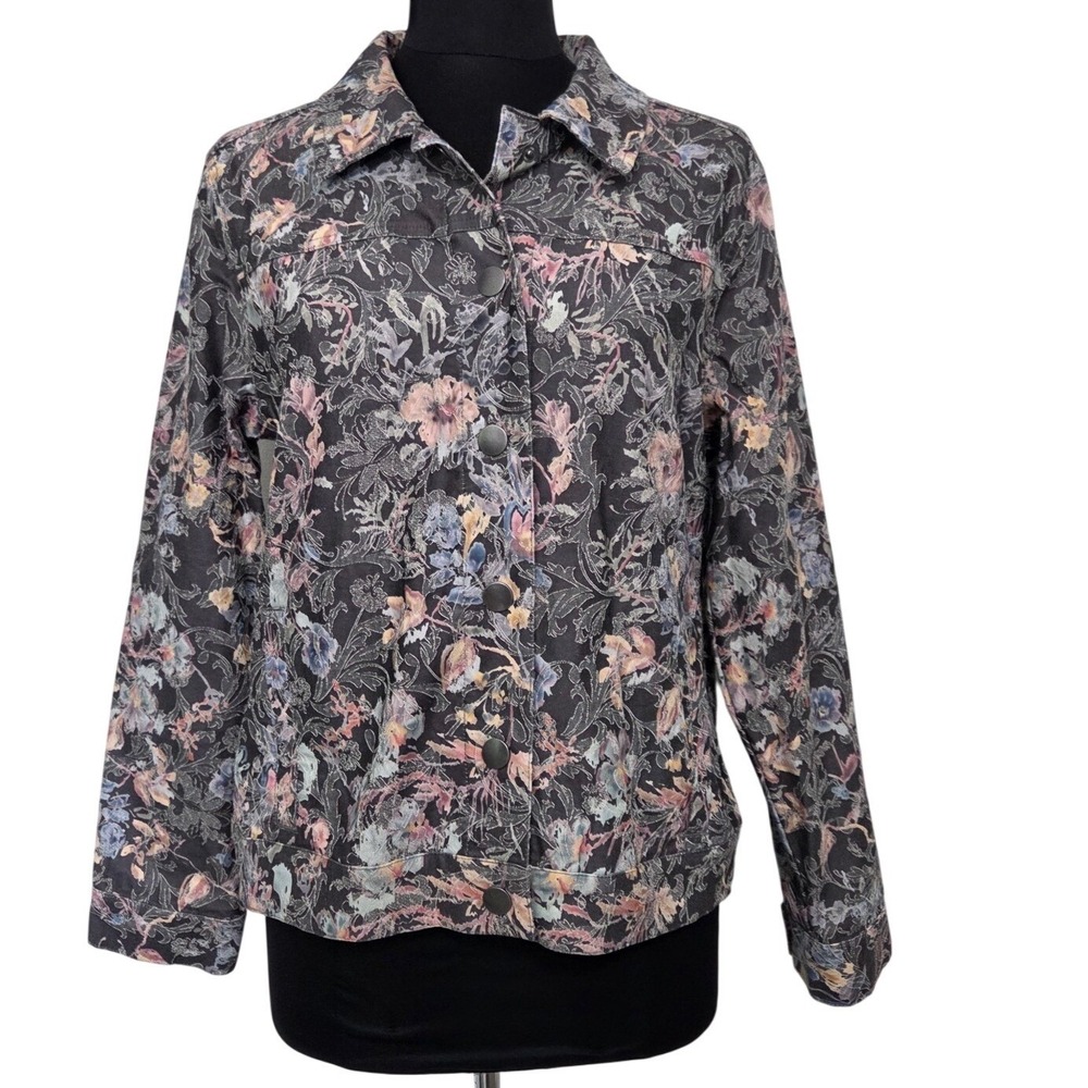 Christopher & Banks Floral Denim Jacket Boho Artsy‎ Stretch Snap Front M NWT